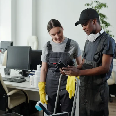 young-african-american-male-cleaner-showing-female-colleague-his-playlist